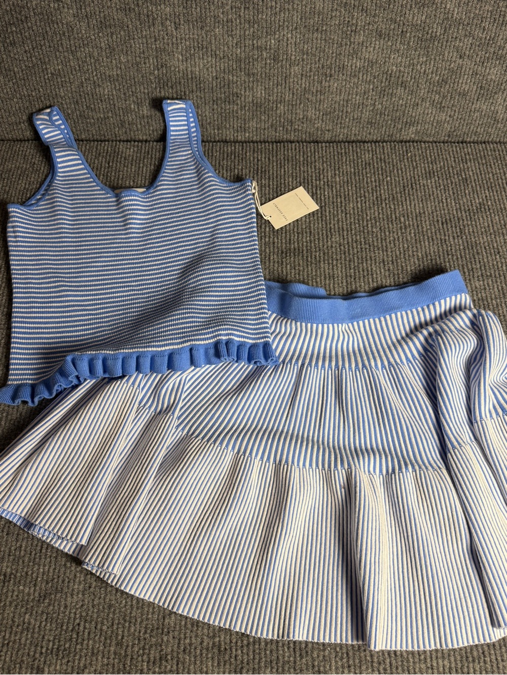 NWT Free Assembly Blue Striped Ribbed Knit Ruffle Tank L Tiered Mini Skirt XL